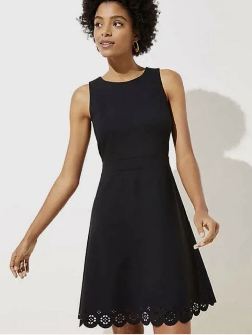 LOFT A- Line Ponte Eyelet Hem Dress Featuring A Solid Black Color